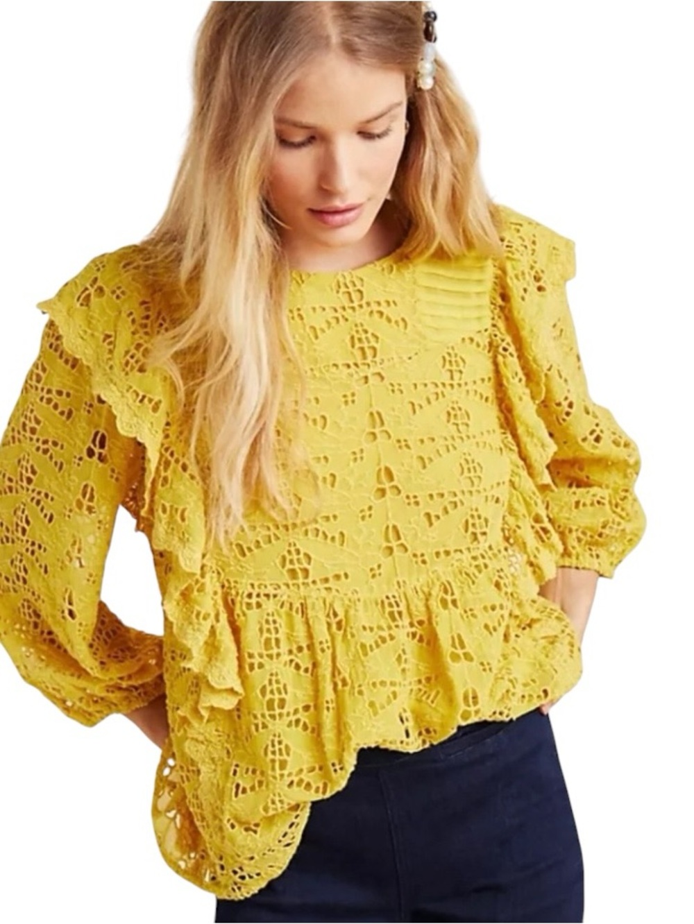 Anthropologie Maeve Clementine Eyelet Ruffle Blouse Mustard Yellow Boho Top